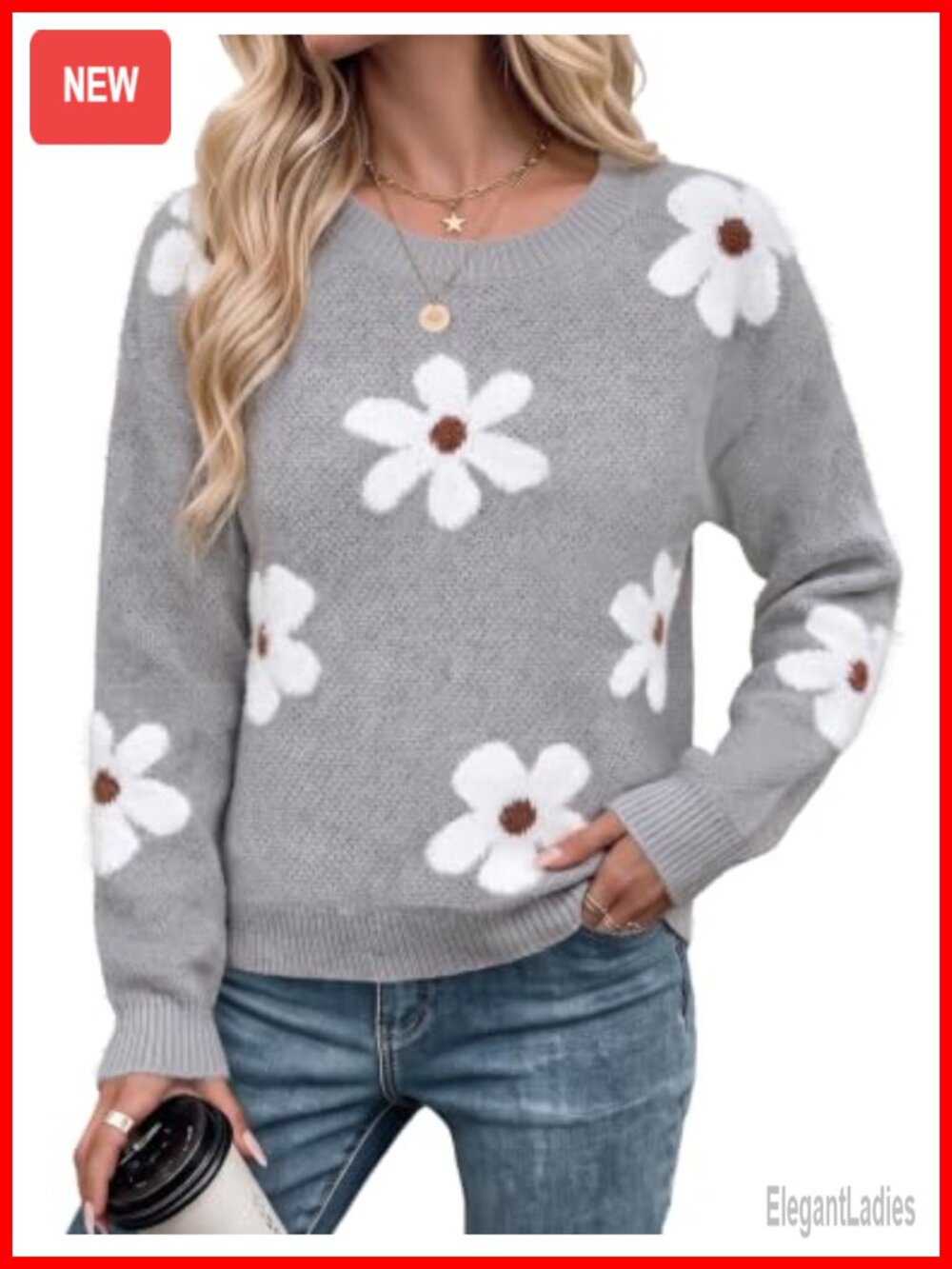 Libsorge Floral Pullover Sweater Crew Neck Drop Shoulder Long Sleeve